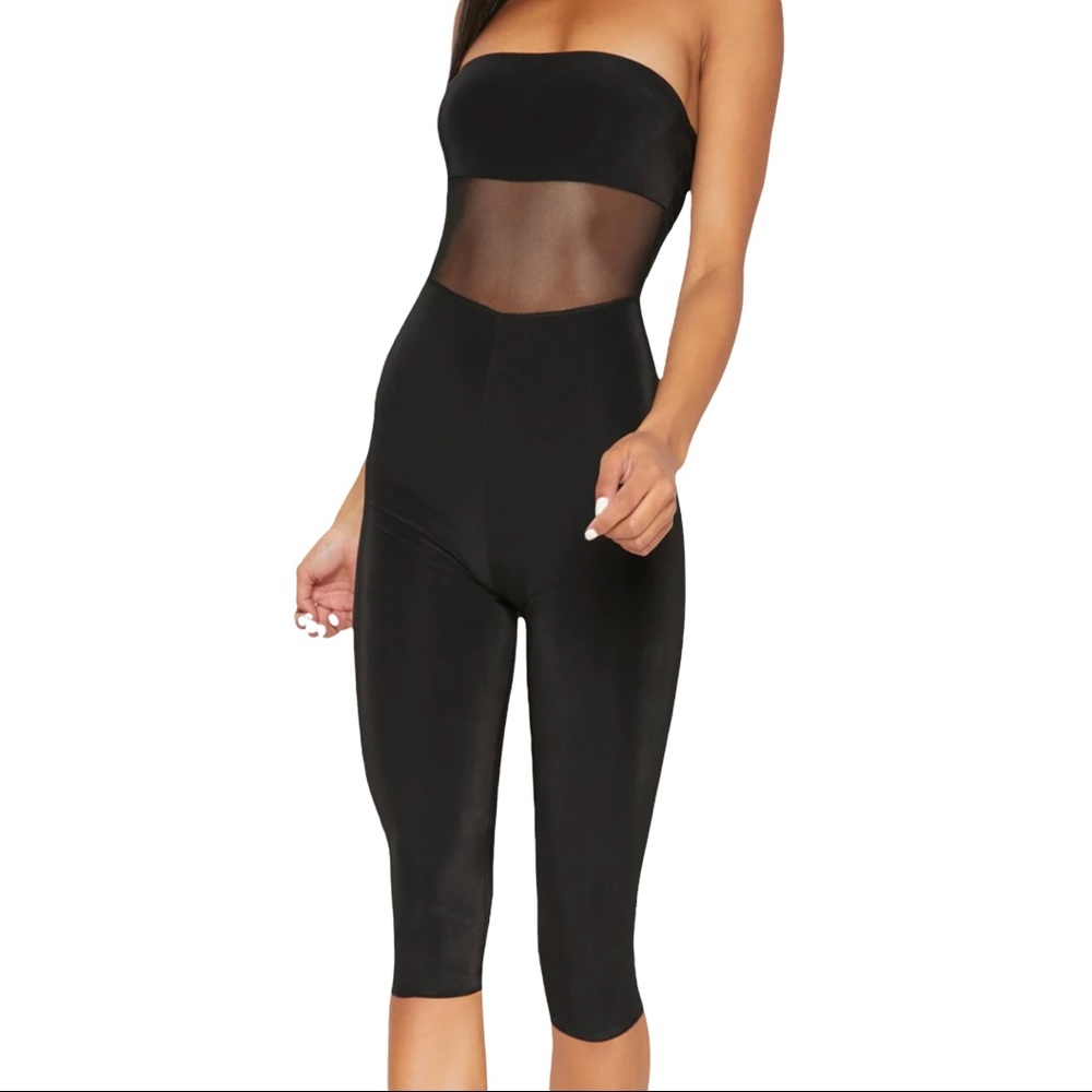 NWOT PRETTYLITTLETHING BREA BLACK‎ MESH BANDEAU UNITARD SIZE 10 (L)